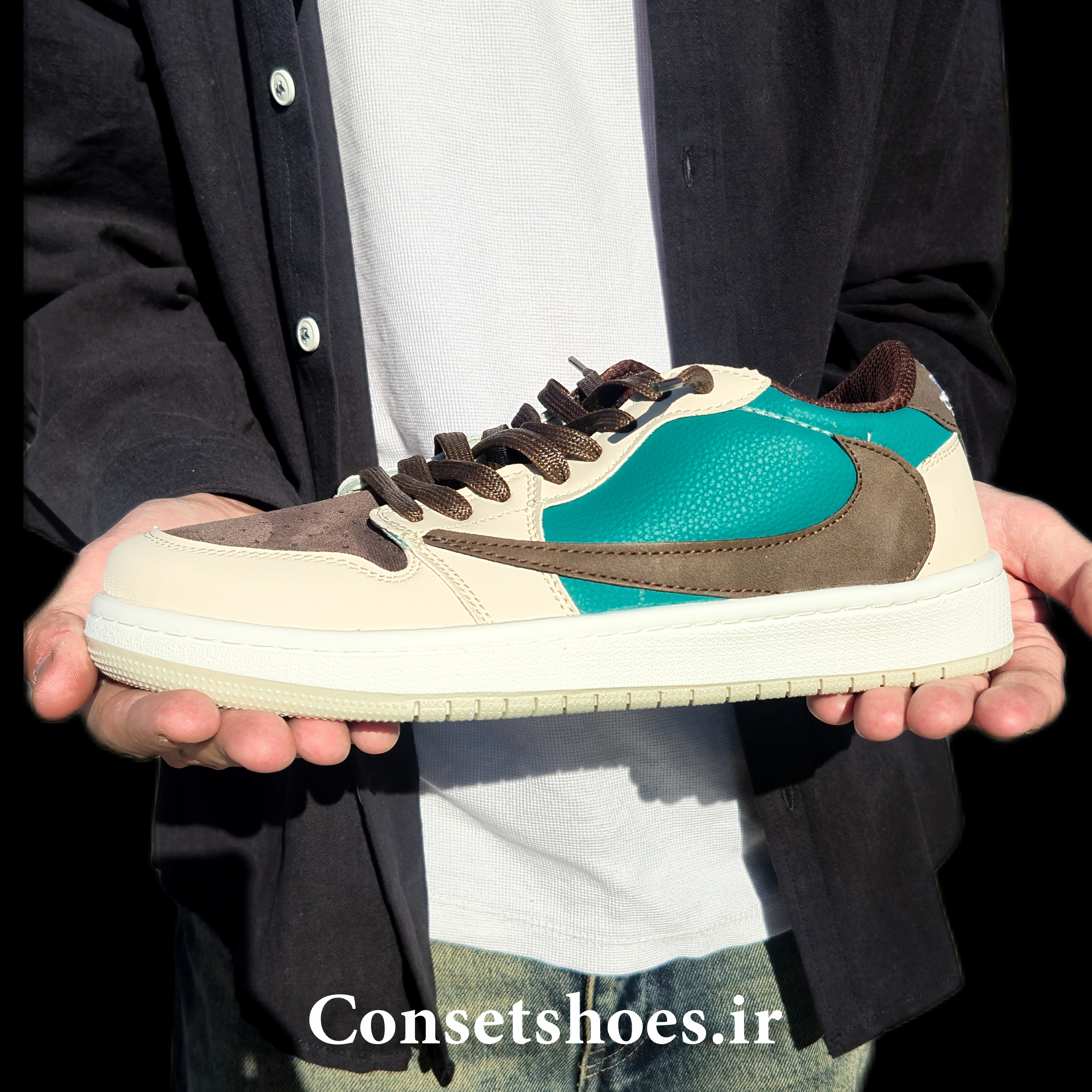 کتونی ترویس اسکات سبز قهوه ای کرمی jordan one travis scott low green cream brown